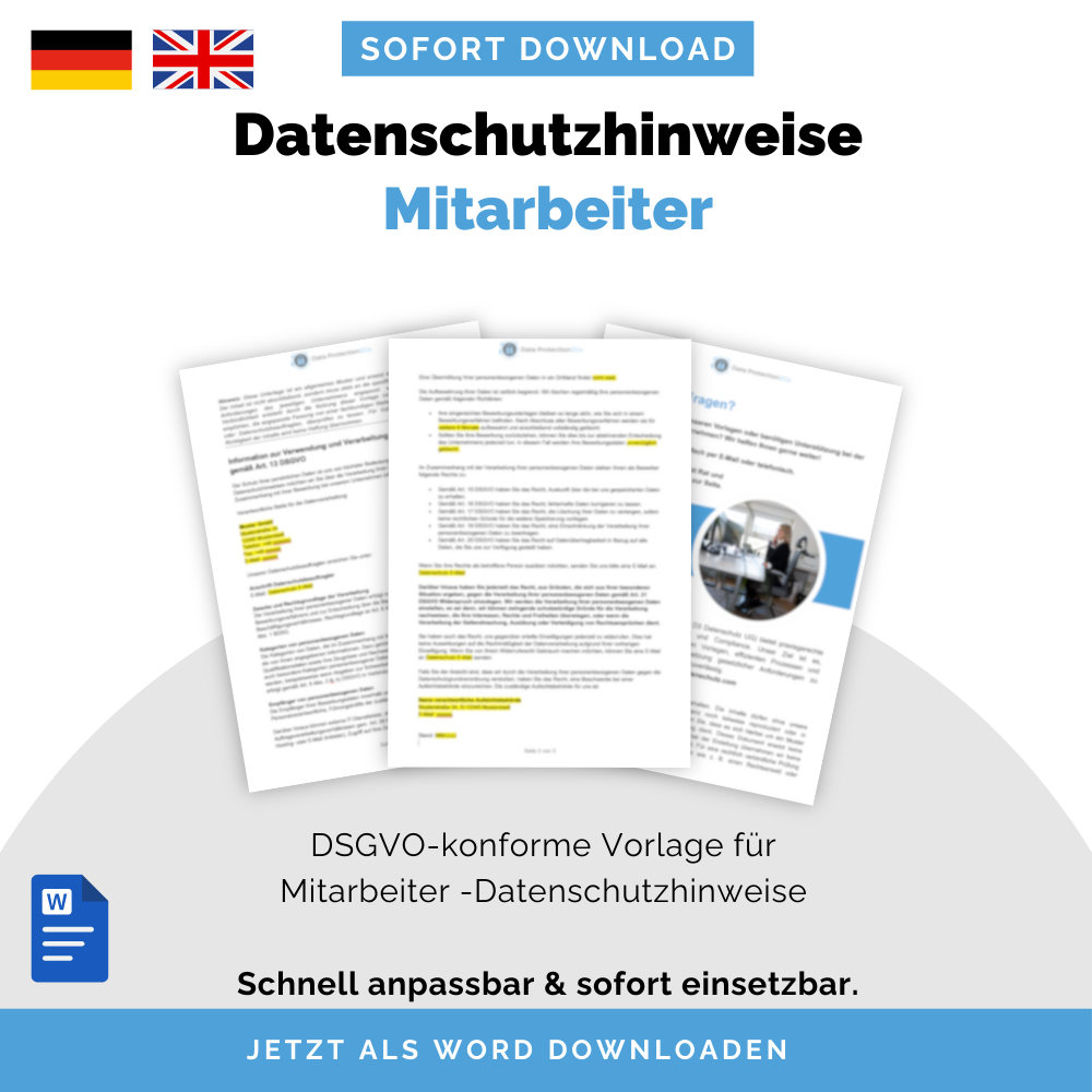Mitarbeiter-Datenschutzhinweise Vorlage (DSGVO), Art. 13 DSGVO – Deutsch & Englisch | Sofort-Download, anpassbar
