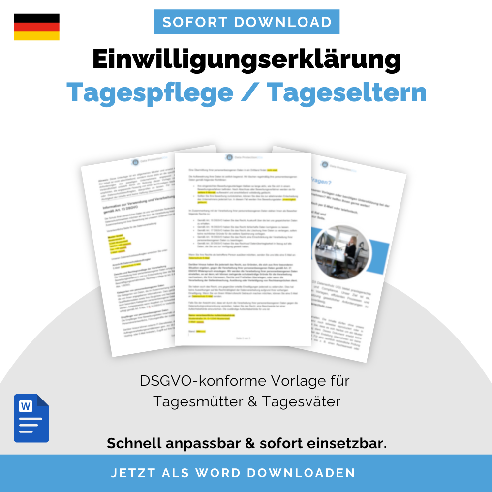 Einwilligungserklärung Tagespflege (DSGVO) – Deutsch | Sofort-Download