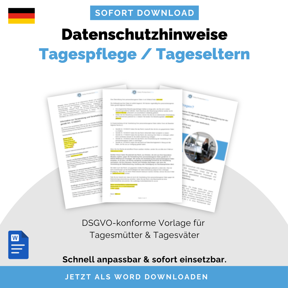 Tageseltern (Tagesmütter & Tagesväter)-Datenschutzhinweise Vorlage (DSGVO), Art. 13 DSGVO – Deutsch  | Sofort-Download, anpassbar