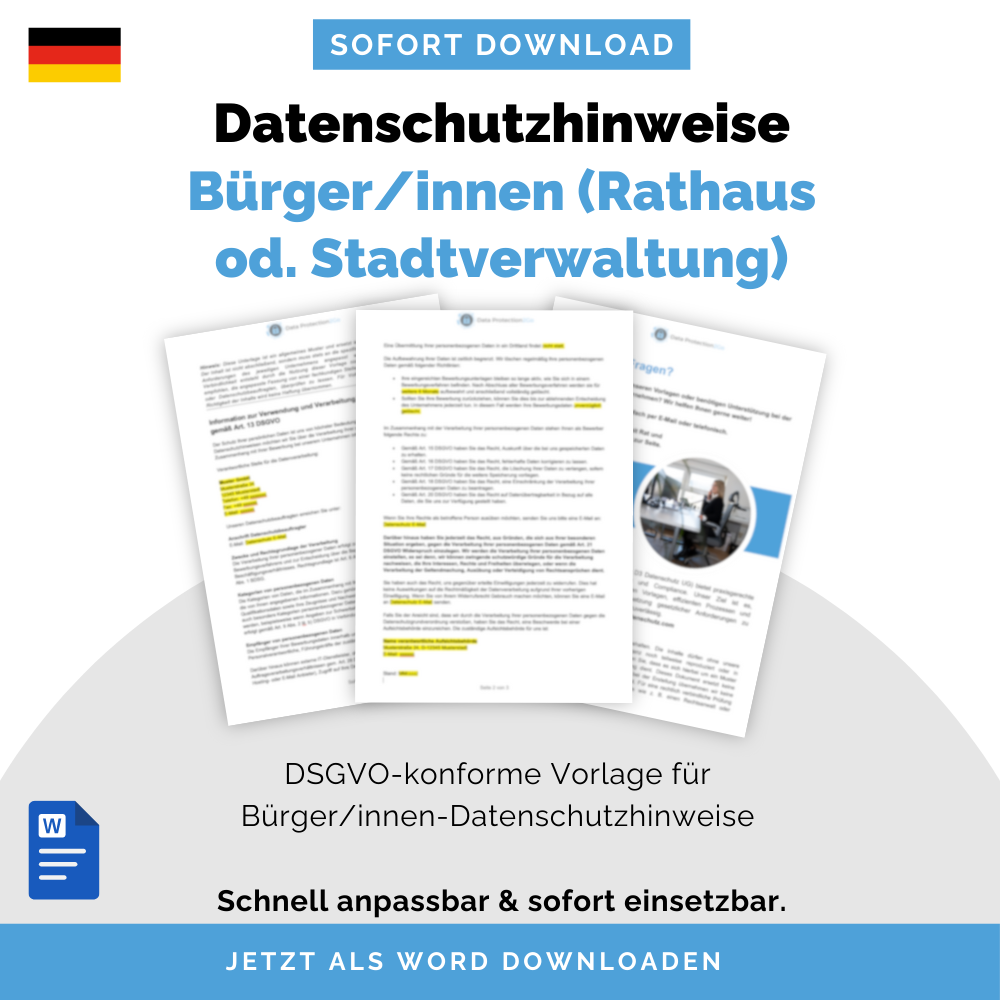 Bürger-Datenschutzhinweise Vorlage (Rathaus/Verwaltung) (DSGVO), Art. 13 DSGVO – Deutsch & Englisch | Sofort-Download, anpassbar