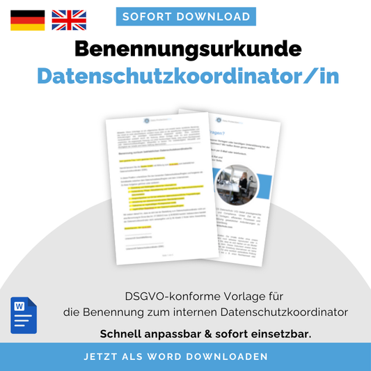 Benennungsurkunde Datenschutzkoordinator/in intern | Vorlage nach DSGVO & BDSG | Deutsch & Englisch | Word-Download