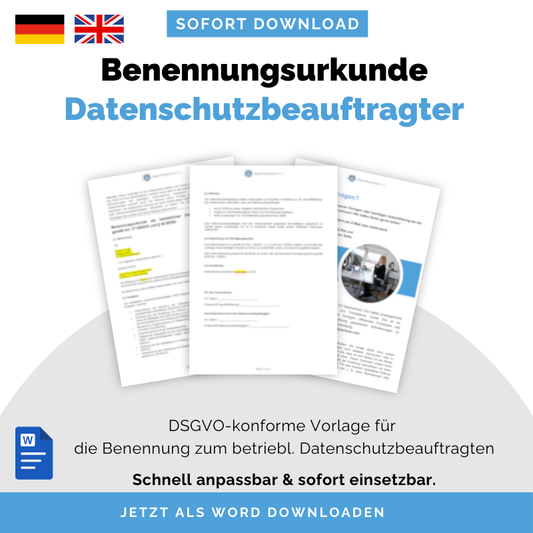 Benennungsurkunde Datenschutzbeauftragter intern | Vorlage nach DSGVO & BDSG | Deutsch & Englisch | Word-Download