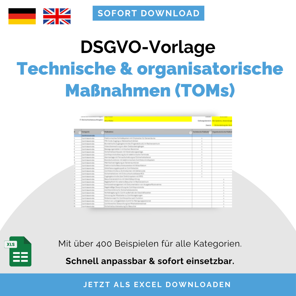 Vorlage Technische & Organisatorische Maßnahmen (TOMs) | DSGVO-Muster mit 400 Beispielen | Sofort-Download, anpassbar