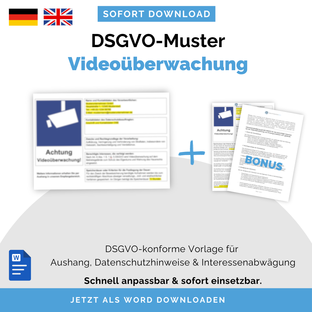 Videoüberwachung Aushang & Datenschutzhinweise Vorlage (DSGVO), Art. 13 DSGVO inkl. BONUS Interessenabwägung – Deutsch & Englisch | Sofort-Download, anpassbar
