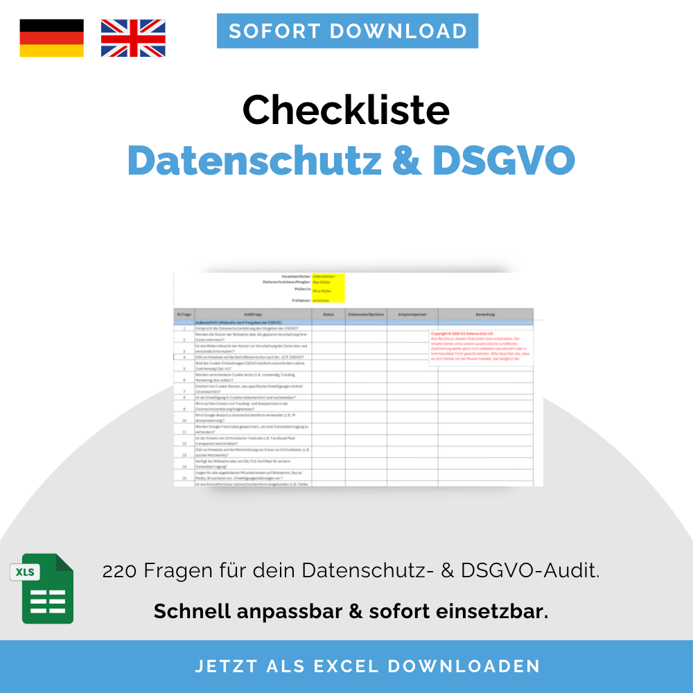 Datenschutz Audit Checkliste – 220 Fragen für DSGVO & GDPR Compliance (DE & EN)