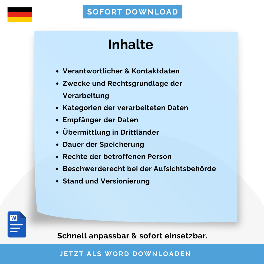 Tageseltern (Tagesmütter & Tagesväter)-Datenschutzhinweise Vorlage (DSGVO), Art. 13 DSGVO – Deutsch  | Sofort-Download, anpassbar