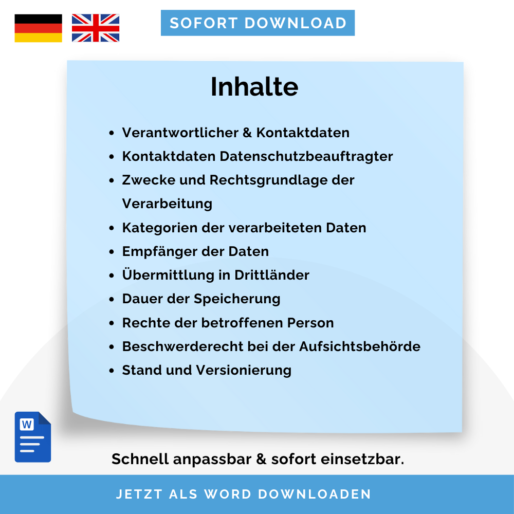 Mitarbeiter-Datenschutzhinweise Vorlage (DSGVO), Art. 13 DSGVO – Deutsch & Englisch | Sofort-Download, anpassbar