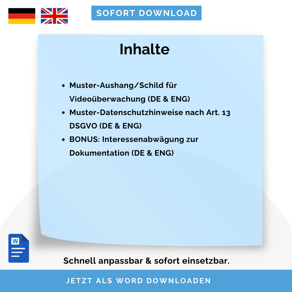 Videoüberwachung Aushang & Datenschutzhinweise Vorlage (DSGVO), Art. 13 DSGVO inkl. BONUS Interessenabwägung – Deutsch & Englisch | Sofort-Download, anpassbar