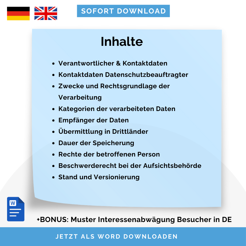 Besucher-Datenschutzhinweise Vorlage (DSGVO), Art. 13 DSGVO – Deutsch & Englisch | Sofort-Download, anpassbar