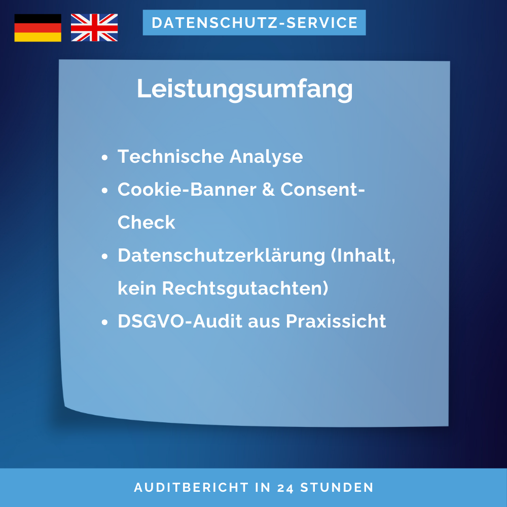 Webseiten Audit / DSGVO-Check | Technische Analyse, Cookie-Banner, Datenschutzerklärung | Sofort buchbar